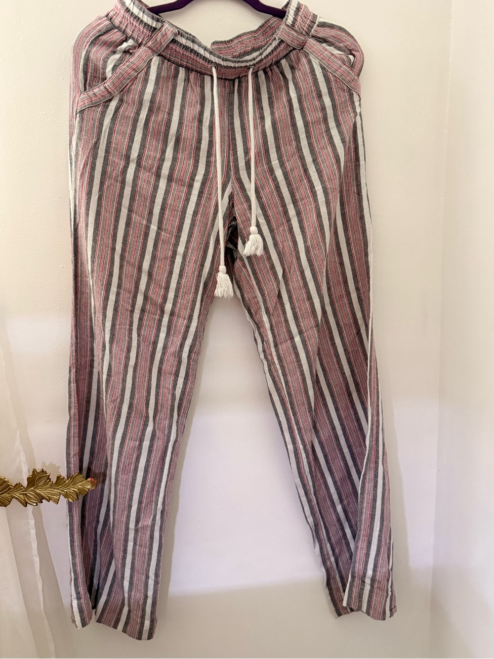Rewind Men's Striped Drawstring Joggers in Pink, White & Gray